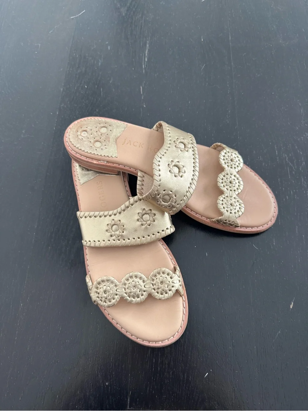 Jack Rogers Metallic Gold Leather Double-Strap Slide Sandals